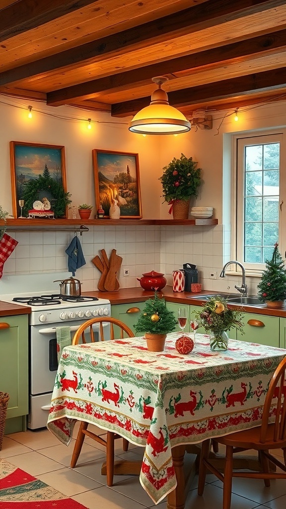A Christmas-themed kitchen with holiday paintings, festive table settings, and warm lighting.
